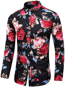 Men's Blue & White Roses Long Sleeve Collared Button Down Shirt