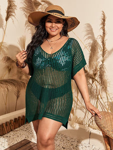 Hunter Green Short Sleeve Plus Size Swimsuit  Cover Up