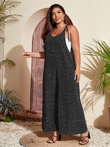 Polka Dots Black Tie Shoulder Plus Size Summer Cami Jumpsuit