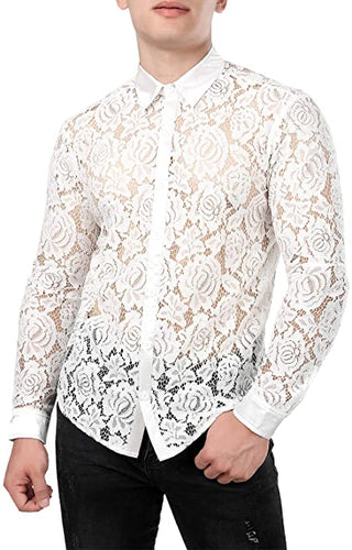 Men's Designer White Rose Lace Long Sleeve Shirt