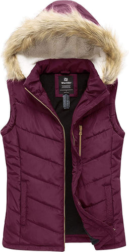Wine Red Quilted Hooded Thicken Warm Puffer Winter Vest