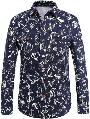 Paisley Blue Anchor Printed Men's Long Sleeve Shirt