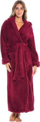 Warm Fleece Burgundy Long Plush Hooded Bathrobe