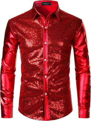 Men's Metallic Red Long Sleeve Button Down Shirt