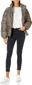 Mock Neck Leopard Print Short Women's Puffer Jacket