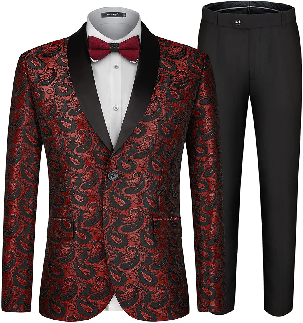 Men's Paisley Shawl Lapel Burgundy Single Breasted 2pc Men's Suit