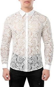 Men's Designer White Rose Lace Long Sleeve Shirt