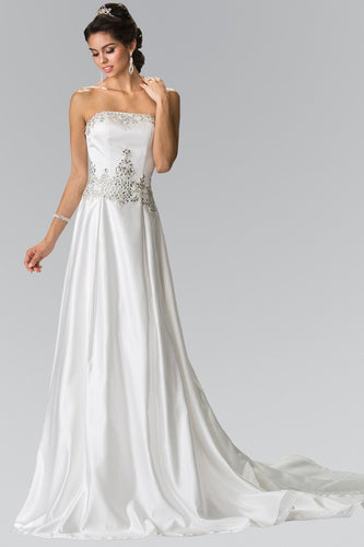 Astonishing Jewels Embellished Satin Strapless Wedding Dress with Train