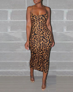 Stretch Cheetah Printed Sleeveless Midi Dress