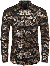 Load image into Gallery viewer, Men&#39;s Shiny Gold Paisley Long Sleeve Collared Button Down Shirt