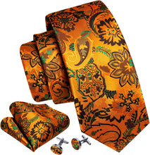 Load image into Gallery viewer, Men&#39;s Green Leaves Paisley Print Silk Tie Set w/Handkerchief &amp; Cufflinks