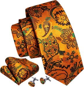 Men's Gold Print Silk Tie Set w/Handkerchief & Cufflinks