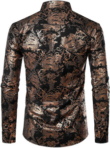 Men's Long Sleeve Black Bronze Paisley Printed Dress Shirt