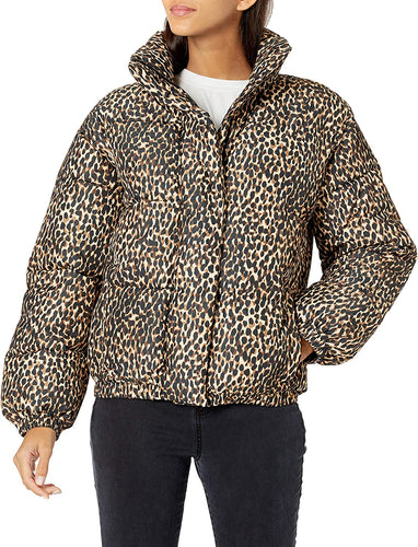 Mock Neck Leopard Print Short Women's Puffer Jacket