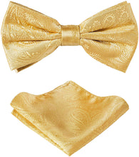 Load image into Gallery viewer, Men&#39;s Gold Paisley Pre-tied Bow Tie and Pocket Square Sets