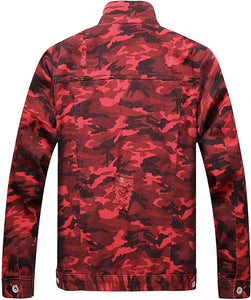 Ripped Red Camouflage Denim Men's Button Down Jacket