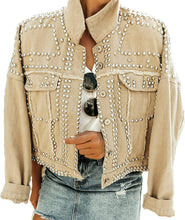 Load image into Gallery viewer, Beige Studded Rockstar Boyfriend Cut Long Sleeve Denim Jacket