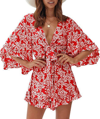 Red & White Floral Ruffled Tied Shorts Romper