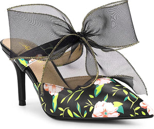 Chiffon Bow Blue Floral Pointed Toe Heels