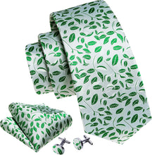 Load image into Gallery viewer, Men&#39;s Dark Green Floral Paisley Print Silk Tie Set w/Handkerchief &amp; Cufflinks
