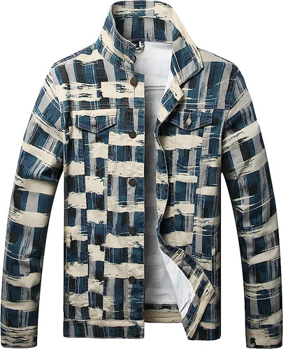 Men's Plaid Blue Slim Fit Denim Jacket