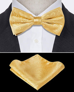 Men's Gold Paisley Pre-tied Bow Tie and Pocket Square Sets