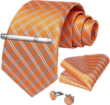 Load image into Gallery viewer, Men&#39;s High Quality Jacquard Silk Orange/Black Cufflink Tie Clip Set