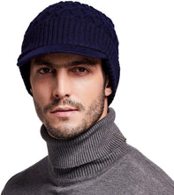 Load image into Gallery viewer, Men&#39;s Navy Blue Wool Knit Visor Beanie Hat
