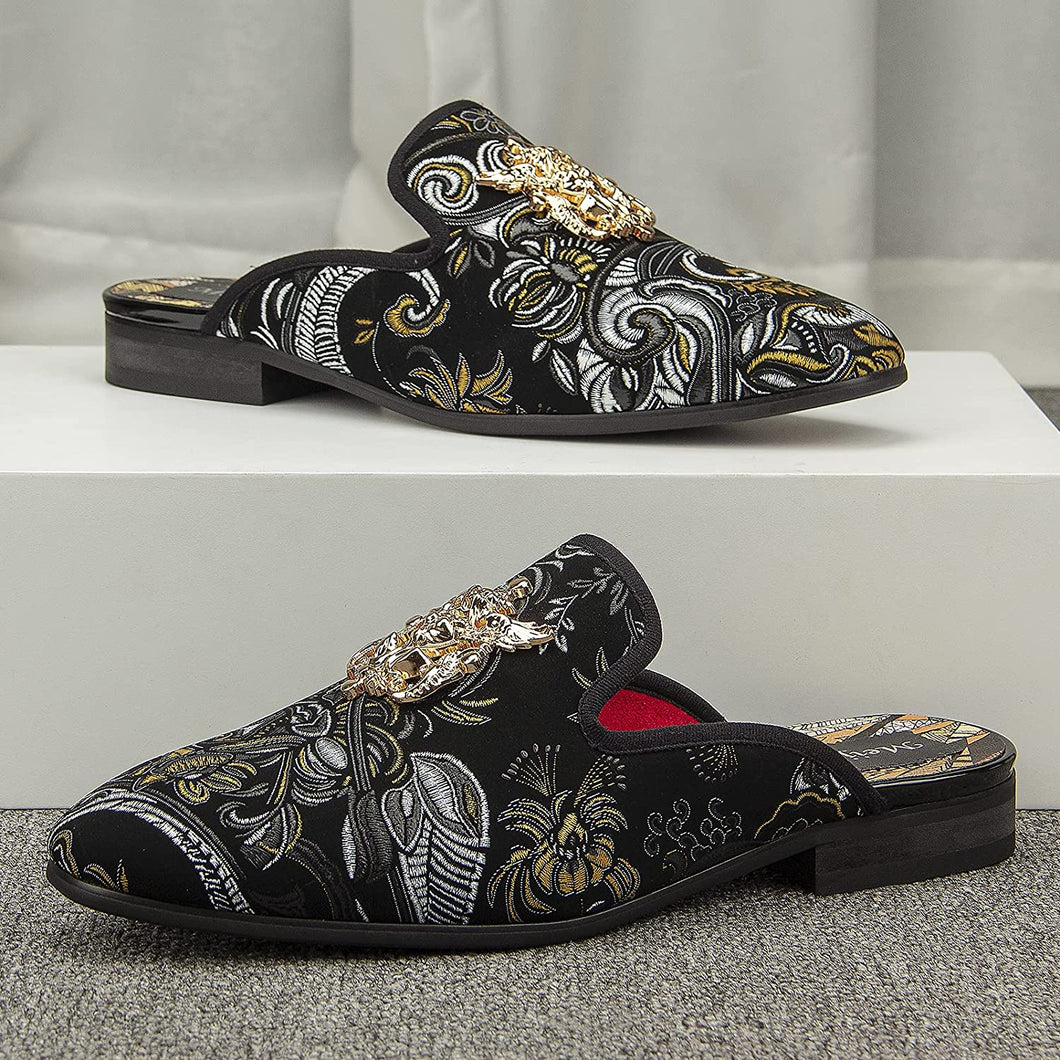 Fashion Floral Black Backless Loafers Casual Men's Slippers