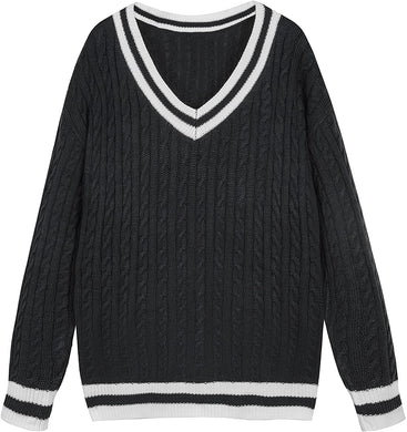 Black V-Neck Striped Long Sleeve Cable Knit Sweater