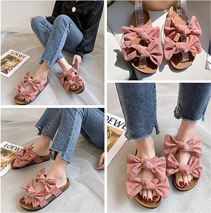 Coral Orange Bow Knot Suede Leather Soft Cork Slip On Sandals