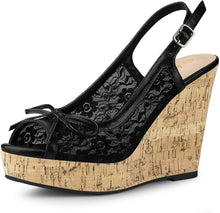 Load image into Gallery viewer, Black Lace Platform Wedge Heel Sandals