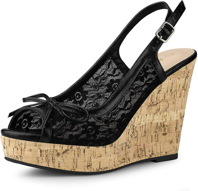 Black Lace Platform Wedge Heel Sandals