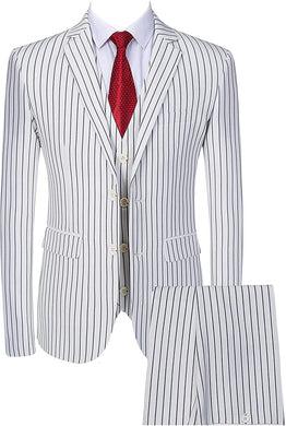 Men's White Striped 3pc Long Sleeve Blazer & Pants Dress Suit