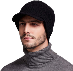 Men's Black Wool Knit Visor Beanie Hat