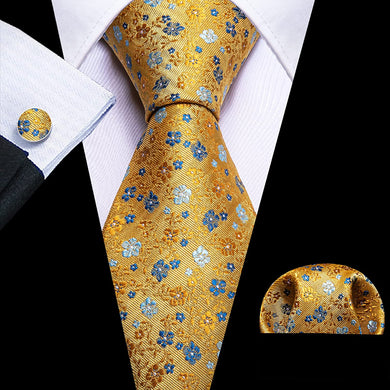 Men's Gold Floral Paisley Print Silk Tie Set w/Handkerchief & Cufflinks