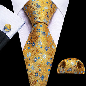 Men's Gold Print Silk Tie Set w/Handkerchief & Cufflinks