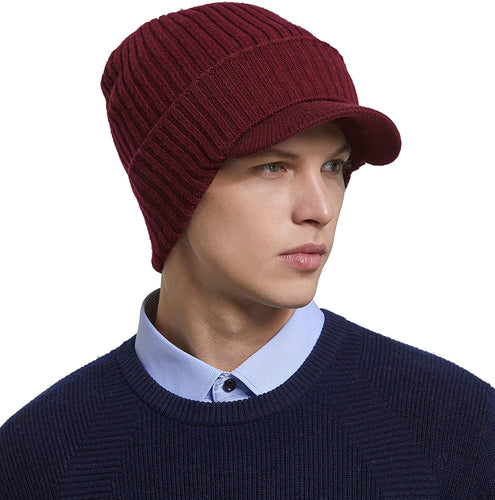 Men's Burgundy Warm Skull Caps Headwear with Visor