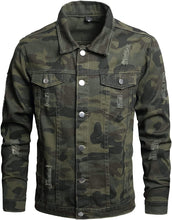 Load image into Gallery viewer, Ripped Green Camouflage Denim Men&#39;s Button Down Jacket