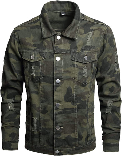 Ripped Green Camouflage Denim Men's Button Down Jacket