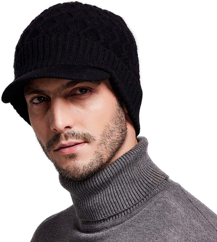 Men's Black Wool Knit Visor Beanie Hat