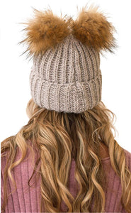 Soft Beige Cable Knit Winter Warm Women's Fur Pom Pom Hat
