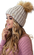 Load image into Gallery viewer, Soft Beige Cable Knit Winter Warm Women&#39;s Fur Pom Pom Hat