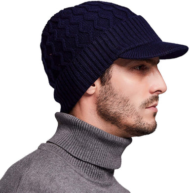 Men's Navy Blue Wool Knit Visor Beanie Hat