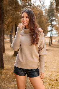 Passion Khaki Turtleneck Off Shoulder Batwing Sweaters