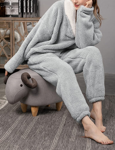 Women's 2 Pcs Fuzzy Fleece Grey Flannel Plush Sleepwear