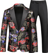 Load image into Gallery viewer, Men&#39;s Black/Blue Abstract Print Long Sleeve Blazer &amp; Pants Slim Fit 2pc Suit