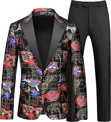 Men's Black/Red Abstract Print Long Sleeve Blazer & Pants Slim Fit 2pc Suit