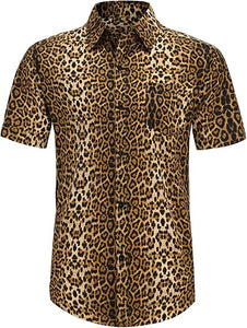 Men's Gray Leopard Printed Button Down Short Sleeve Shirt