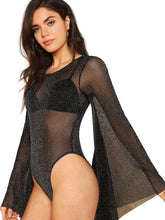 Load image into Gallery viewer, Black Glittered Sheer Mesh Oversize Bell Sleeve Bodysuit